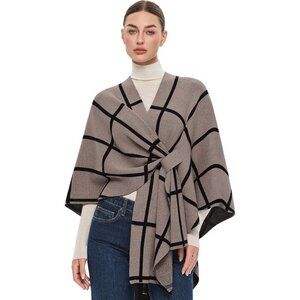 Women's Tan Black Elegant Open Poncho Sweater Spring Fall Winter Shawl Wraps